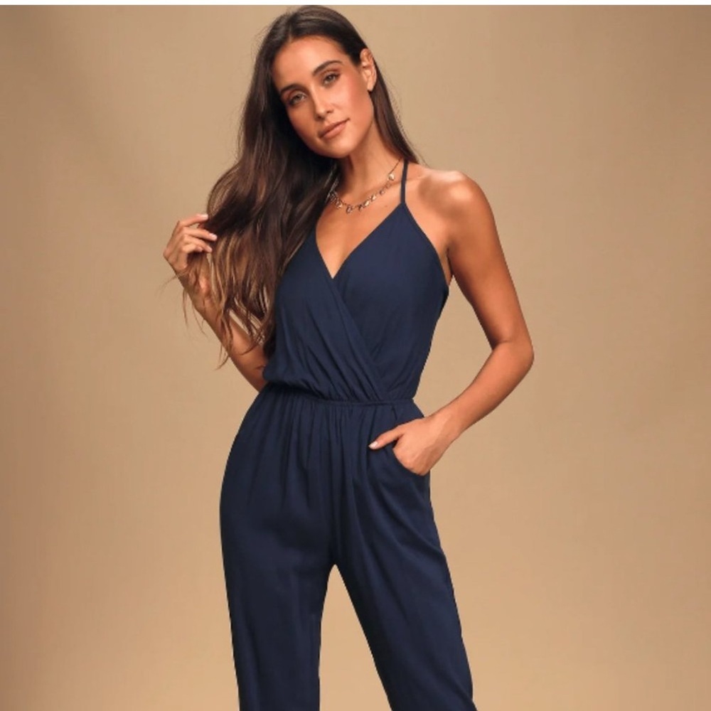 Lulu's Navy Blue Sleeveless Wrap Front Jumpsuit